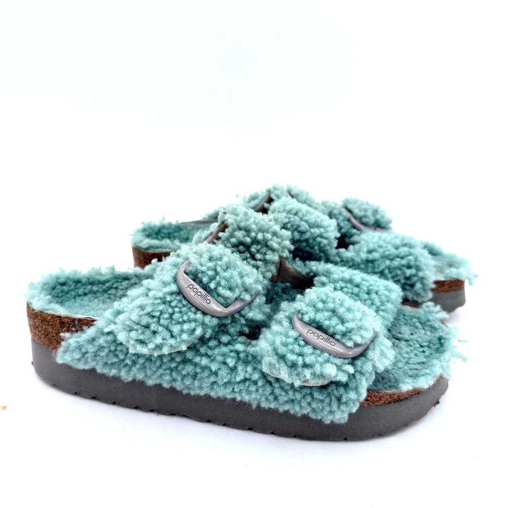 Papillio Birkenstock Arizona Big Buckle Shearling Slide Sandals Aqua SIZE 8